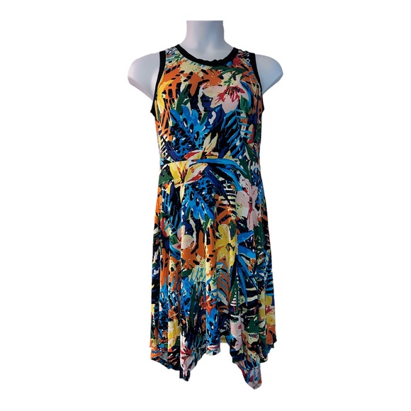 Midnight Velvet T-Shirt Knit Colorful Tropical Floral Lettuce Hem Tank Dress - Picture 2 of 12